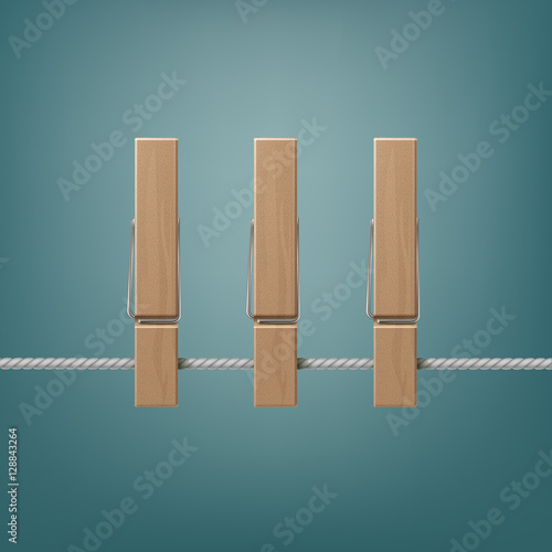 Wooden Clothespins Pegs on Rope Side View Close up Isolated