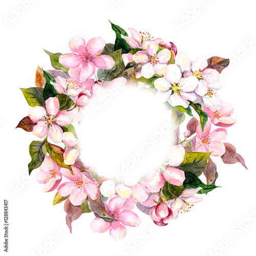 Floral round wreath with pink flowers - apple  cherry blossom for postcard. Watercolor