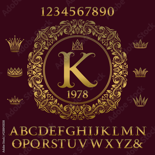 Golden letters and numbers with initial monogram and crowns. Antique font and elements kit for logo design.