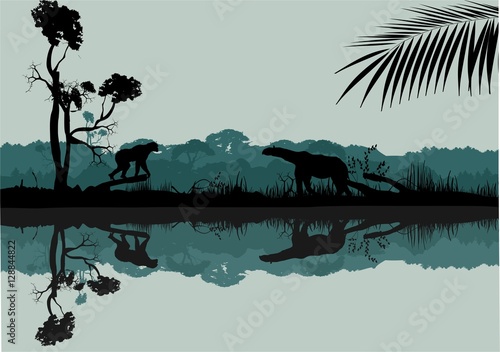 Wildlife silhouettes scene on the cost of river. Jungle and animals silhouettes reflected on water