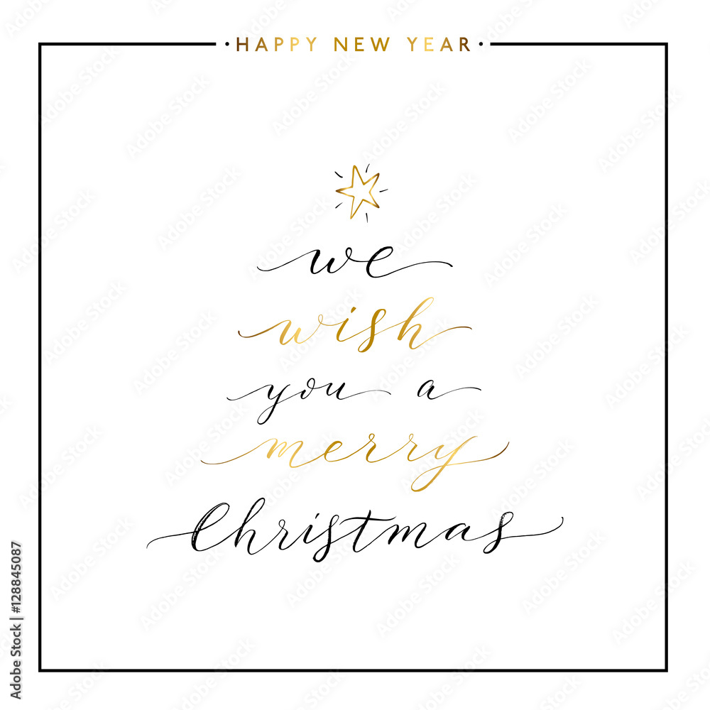 We wish you a Merry Christmas gold text isolated on white background, hand painted letter, golden vector Merry Christmas lettering for greeting card, poster, print, invitation, handwritten calligraphy