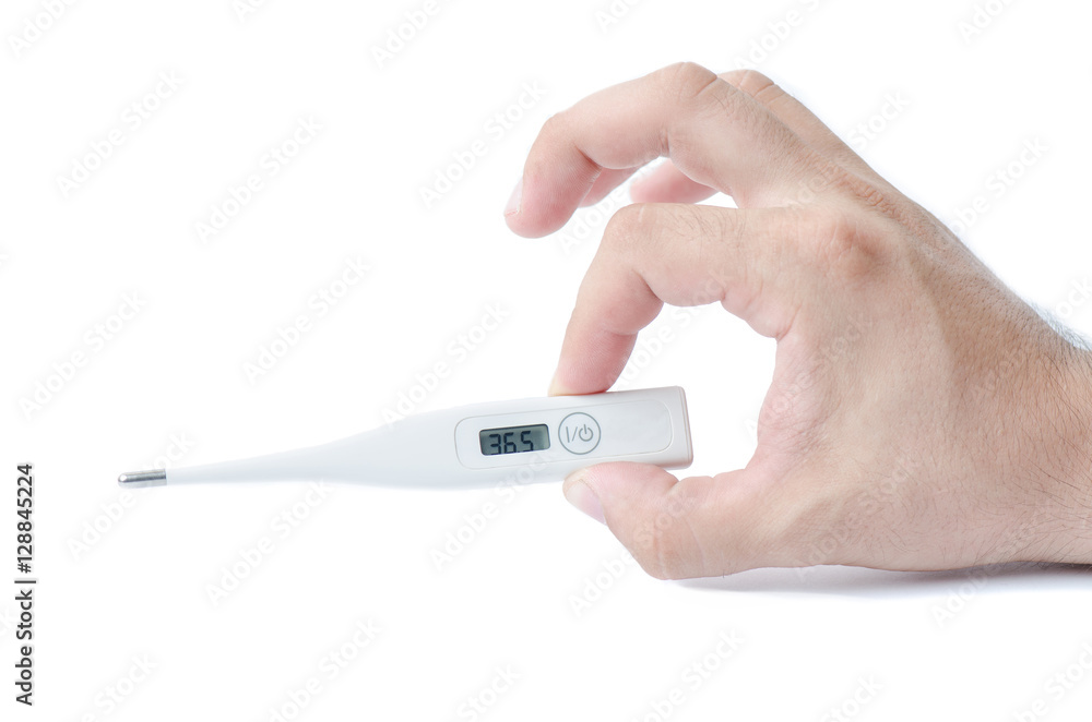 Hand Holding Electronic Thermometer Close Up Isolated On White Hand Holding Electronic Thermometer Close Up Isolated On White
