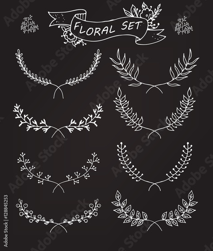 Hand drawn floral set  vector  white on brown background 