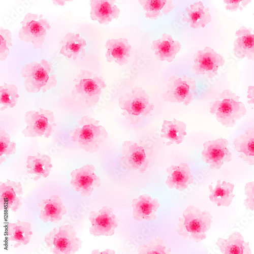 Seamless background pattern of pink Sakura blossom or Japanese flowering cherry symbolic of Spring in a random arrangement on a white background square format suitable for textile wallpaper or tiles