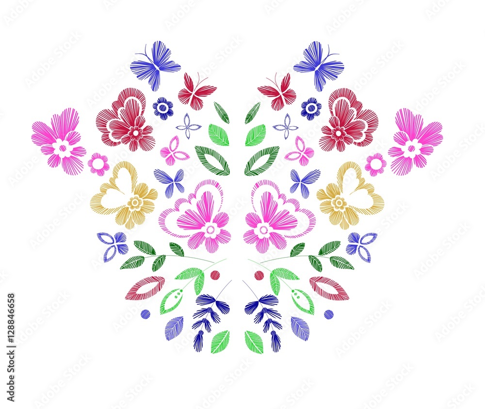Floral design , embroidery pattern. Colorful vector illustration hand drawn. Fantasy flowers leaves and butterflies. T-shirt designs.