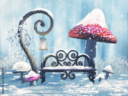 Zimowa sceneria z ławką, magiczną latarnią i czerwonymi grzybami photo