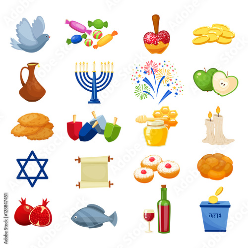 Various symbols and items of hanukkah celebration flat icons set isolated vector illustration
