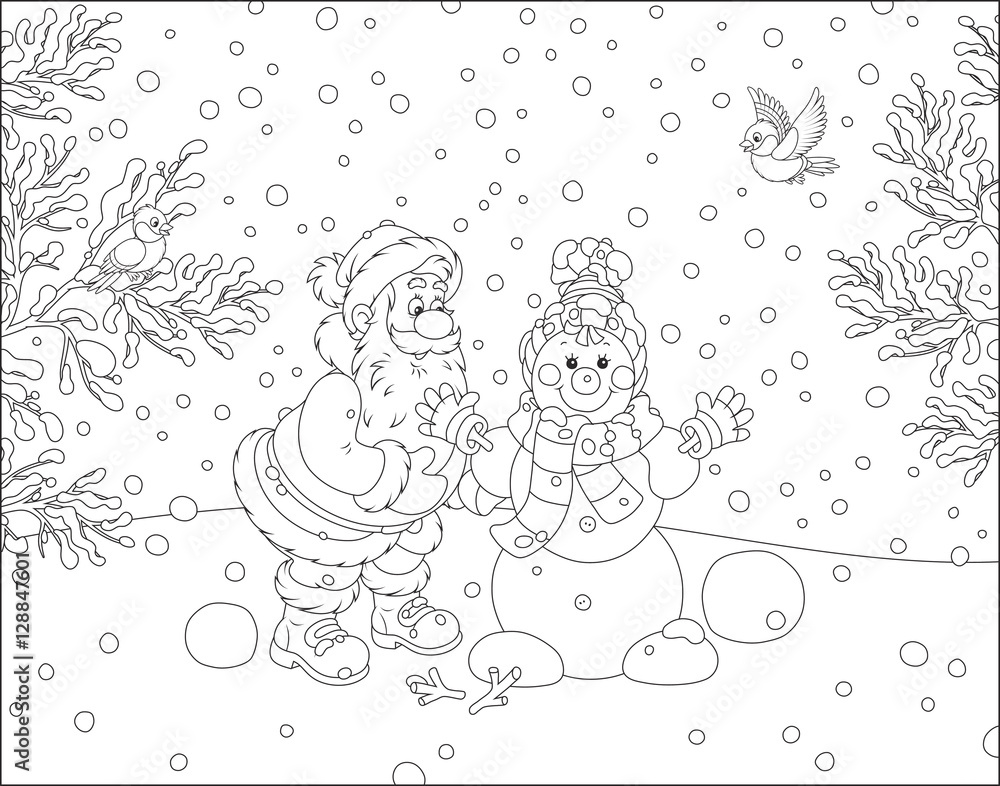 Santa Claus making a funny smiling snowman with a cap, a scarf and mittens Santa Claus making a funny smiling snowman with a cap, a scarf and mittens