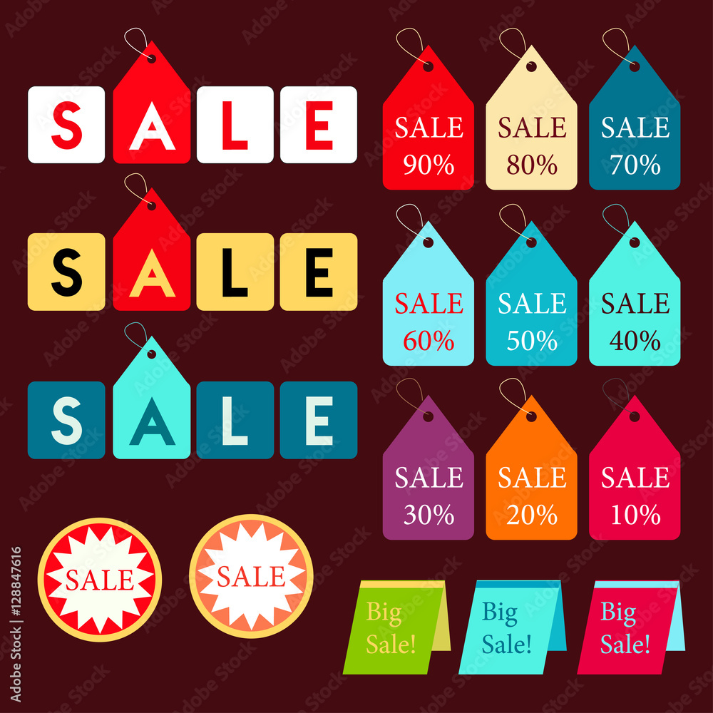 Colorful tags sale graphic design for promotion business on dark brown background | discount template collection