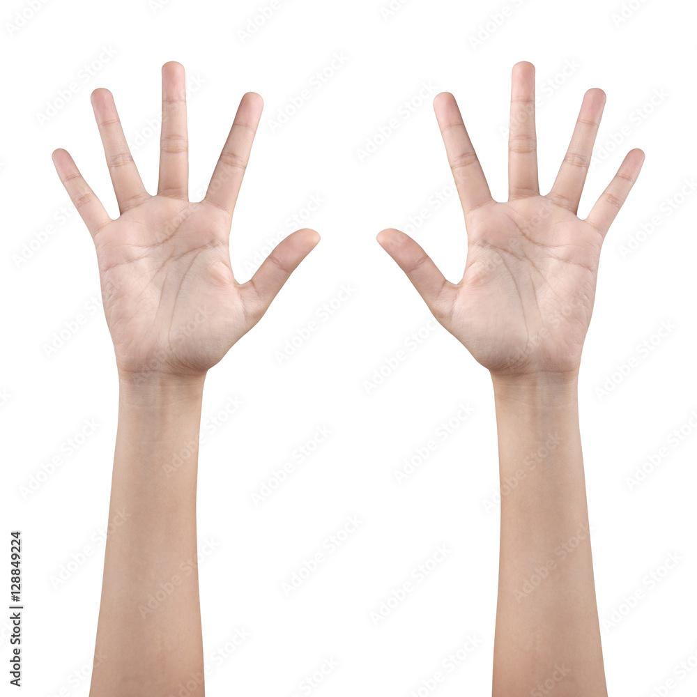 Woman left and right hand showing the five fingers on white with Woman left and right hand showing the five fingers on white with