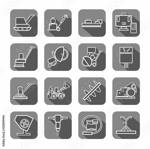Equipment for working with concrete, contour icons, gray. Vector, the linear image of construction equipment. White figures on a gray background with shadow. 