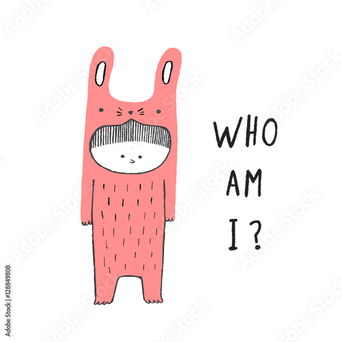 Who Am I, Boy in a rabbit costume, hand drawn vector illustratio