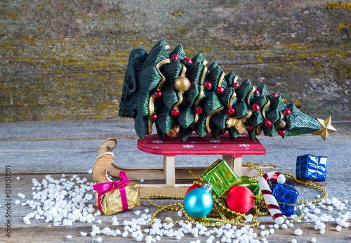Christmas tree gift boxes and sleigh