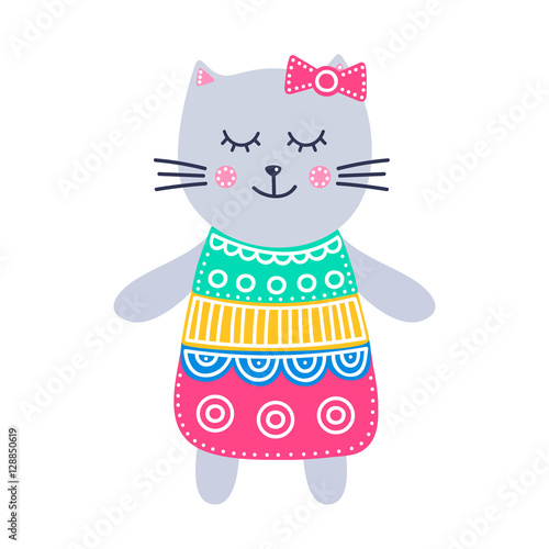 Cute grey kitty. Vector hand drawn cat girl in colorful dress with white doodle ornament. Smiling animal for kids design. Isolated. Vector illustration in flat style.