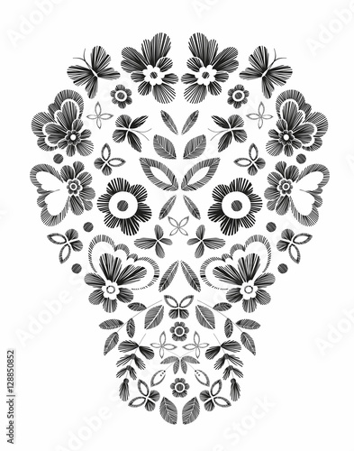 Skull with fantasy flowers and butterflies. Vector illustration hand drawn. T-shirt designs. Floral embroidery .