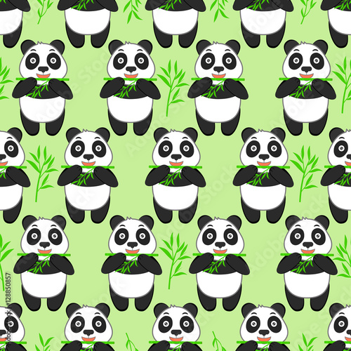 Fototapeta Naklejka Na Ścianę i Meble -  Seamless pattern with cute panda and bamboo on a green background. Funny animal.