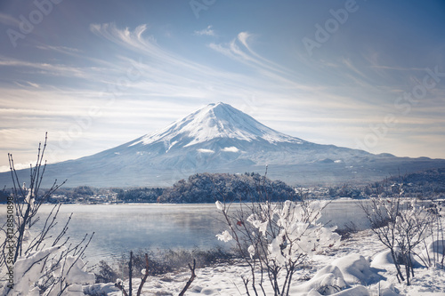 Mt Fuji in the early morning with reflection on the lake kawaguc