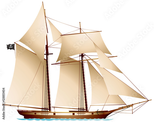 Pirate Schooner, sailing ship under the Jolly Roger black flag