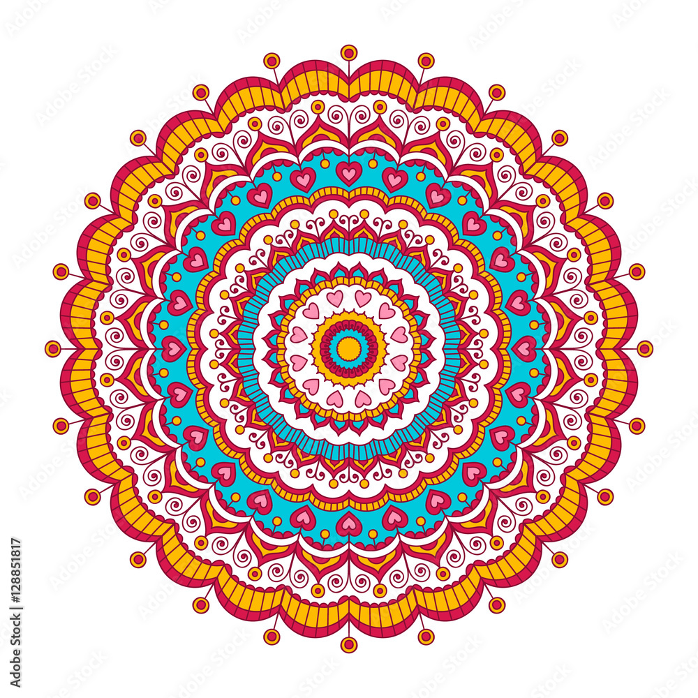 Vector hand drawn doodle mandala with hearts. Ethnic mandala with colorful ornament. Isolated. Tribal ornament. Red, yellow, blue, white and pink colors.