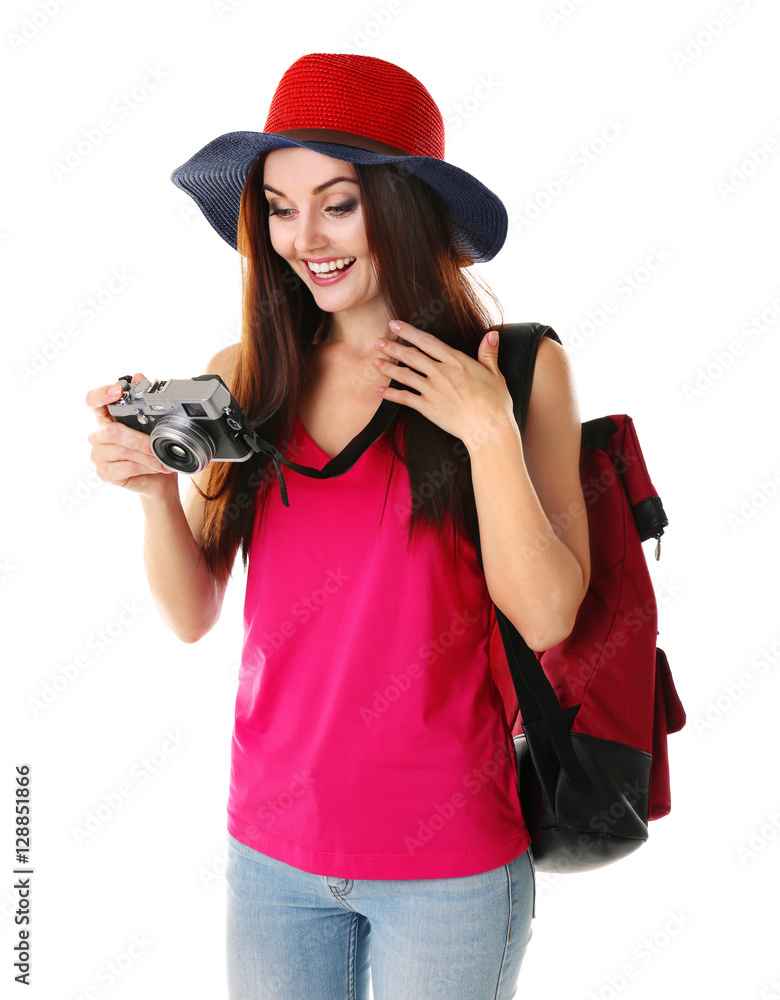 Young beautiful woman with camera on white background Young beautiful woman with camera on white background