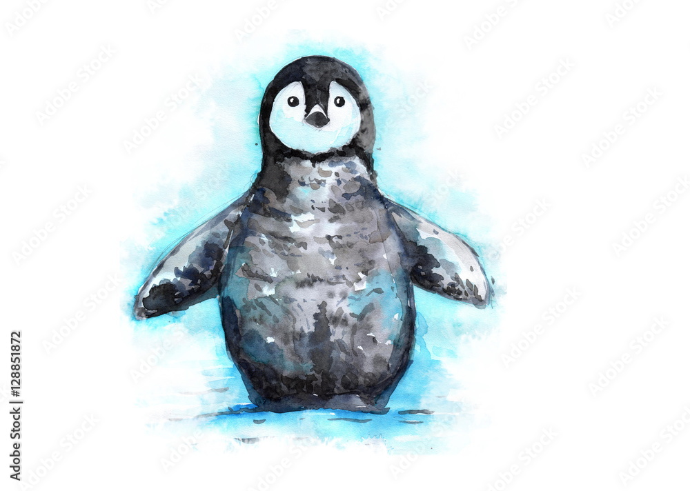 hand drawn penguin watercolor illustration. little penguin in the snow. hand drawn penguin watercolor illustration. little penguin in the snow.