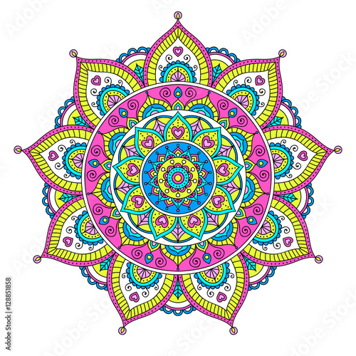 Vector hand drawn doodle mandala with hearts. Ethnic mandala with colorful ornament. Isolated. Tribal ornament. Bright colors mandala.