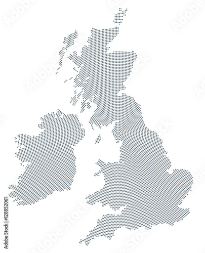 British Isles map radial dot pattern. Gray dots going from the center forming the silhouettes of Ireland and United Kingdom with the island Great Britain. Illustration on white background. Vector.