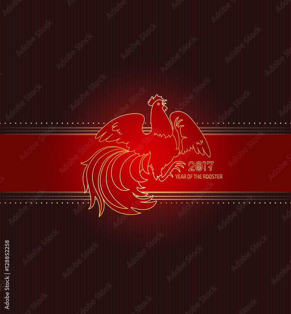 2017, the Year of the Fire Rooster in Chinese Horoscope. Red and gold ...