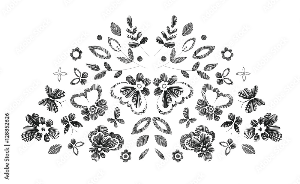 loral design , embroidery pattern. Monochrome vector illustration hand drawn. Fantasy flowers leaves and butterflies. T-shirt designs.