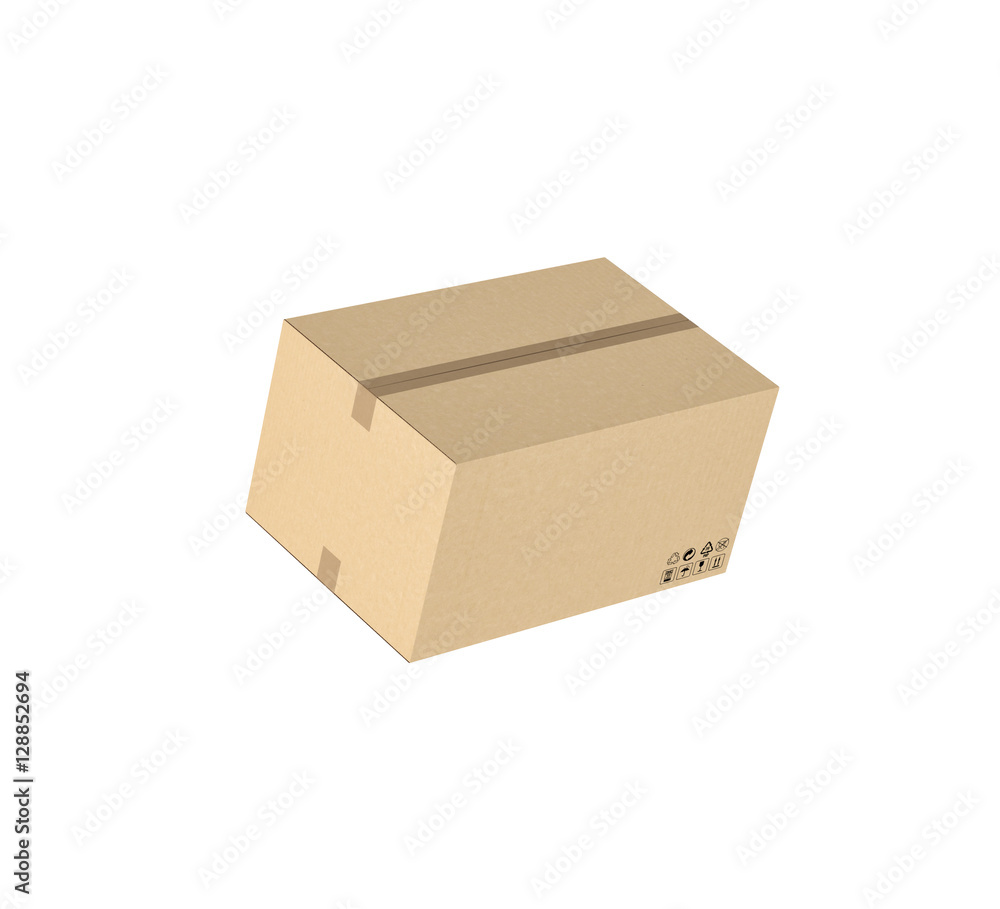 Rendering of closed light beige cardboard mail box taped with duct tape, isolated on the white background. Rendering of closed light beige cardboard mail box taped with duct tape, isolated on the white background.
