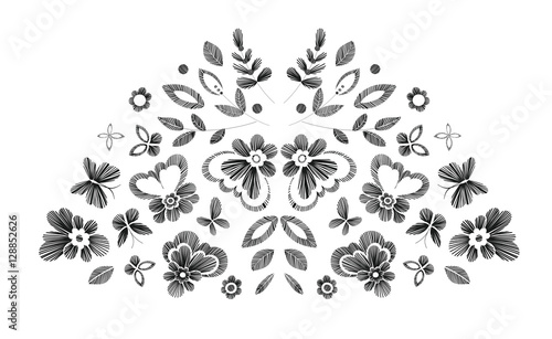 loral design   embroidery pattern. Monochrome vector illustration hand drawn. Fantasy flowers leaves and butterflies. T-shirt designs.
