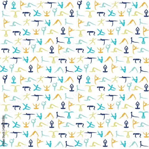 yoga poses and health care pattern for fitness symbols.