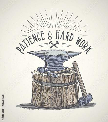 Blacksmith's anvil and inscription in graphic style. Hand drawn illustration.