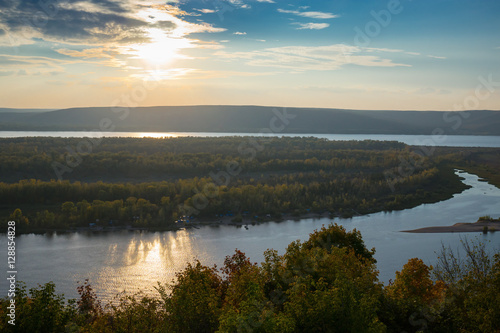 View of the valley of the Volga river on the sunset