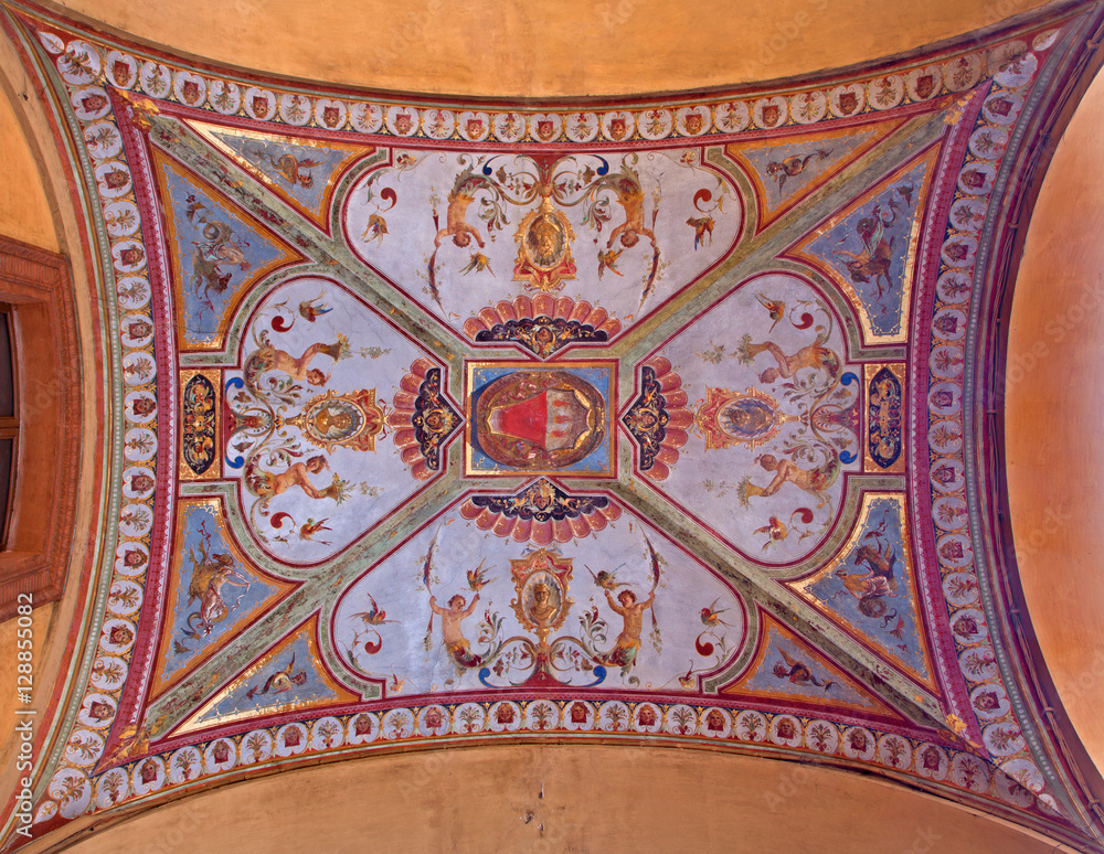 BOLOGNA, ITALY - MARCH 16, 2014: Fresco from ceiling of external corridor of Via Farini street.