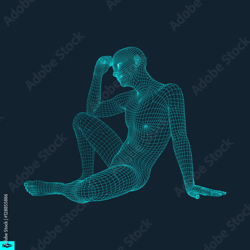 Man in a Thinker Pose. 3D Model of Man. Geometric Design.