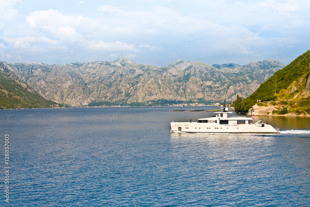 Ship with American flag in Kotor Bay, Montenegro