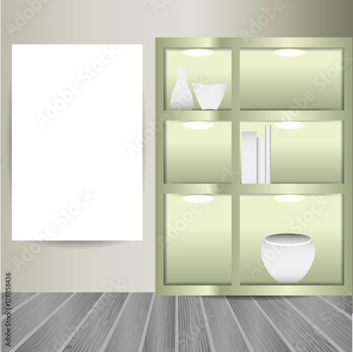 mock up poster in the room with book shelves and decorations