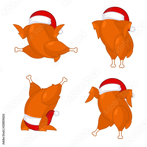 Christmas turkey in Santa cap. Roast fowl on plate with vegetabl