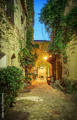 Narrow street in the old town in France at night © arbalest