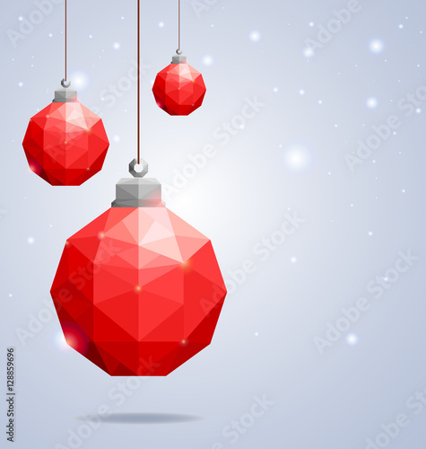 Christmas greeting card concept with red polygonal Christmas ball hanging on winter background-Vector Illustration