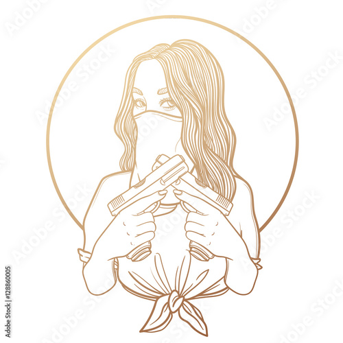 criminal beautiful girl with two guns. vector illustration with sexy girl, tattoo style. line art. gang with weapons. Mafia in the mask.