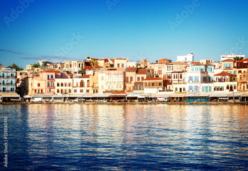 waterfront of Chania bay at sunny summer day, Crete, Greece, retro toned © neirfy