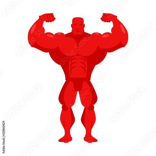 Bodybuilder red cartoon. Athlete with big muscles. Sportsman on