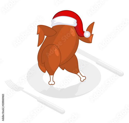 Christmas turkey in Santa Claus cap. Roast fowl on plate. Fried