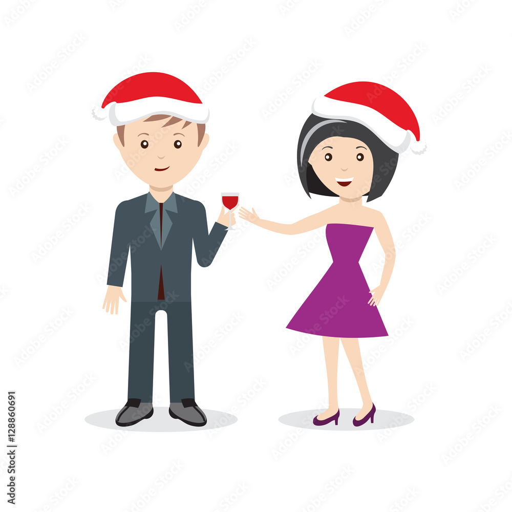 Man and woman in christmas hats with wine Man and woman in christmas hats with wine