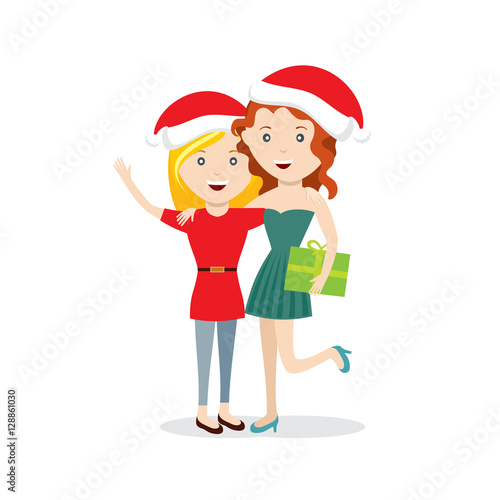Young happy girls with Christmas gift flat characters