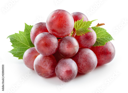 Ripe red grape with leaf isolated on white.