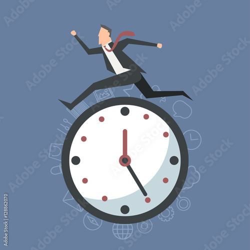 Businessman running around clock, time concept, work deadline.