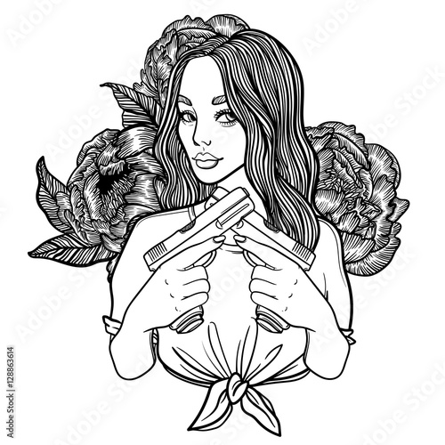 criminal beautiful girl with two guns and flowers peonies. vector illustration with sexy girl, tattoo style. line art. gang with weapons. mafia in the mask.
